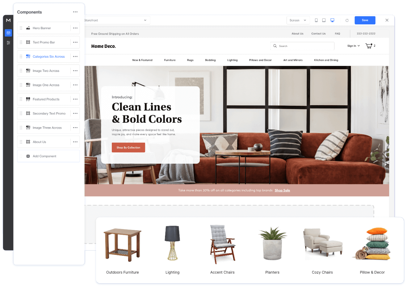 Homepage of furniture website with PageBuilder components highlighted.