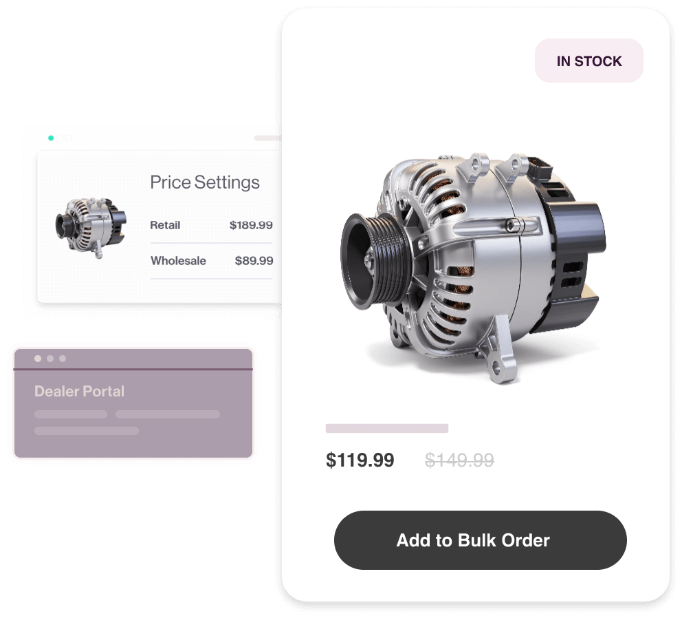 Image of an auto part product with pop outs for pricing and Dealer Portal.