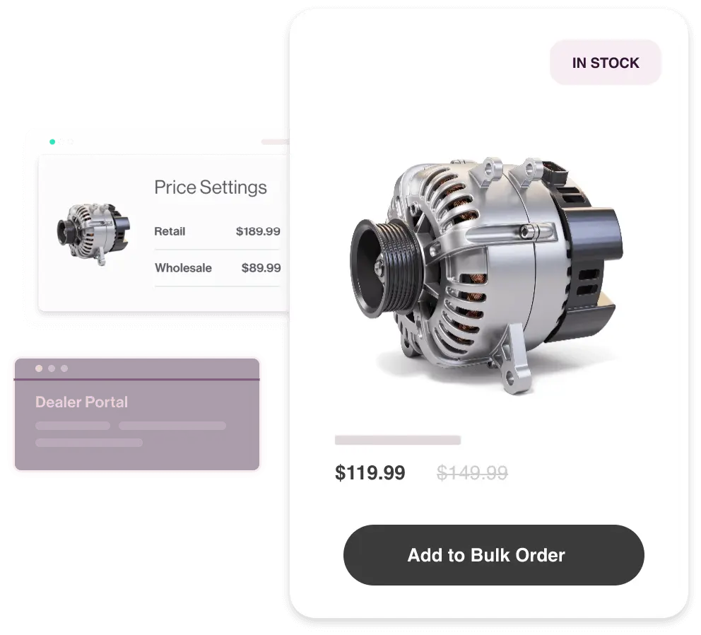 Image of an auto part product with pop outs for pricing and Dealer Portal.