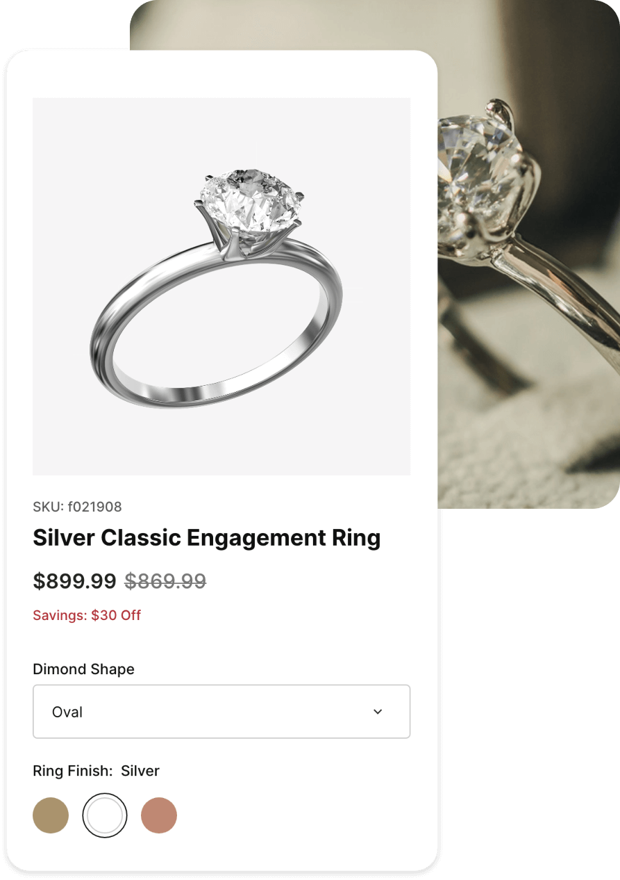 Image of an engagement ring product page, with another image of a ring behind it.