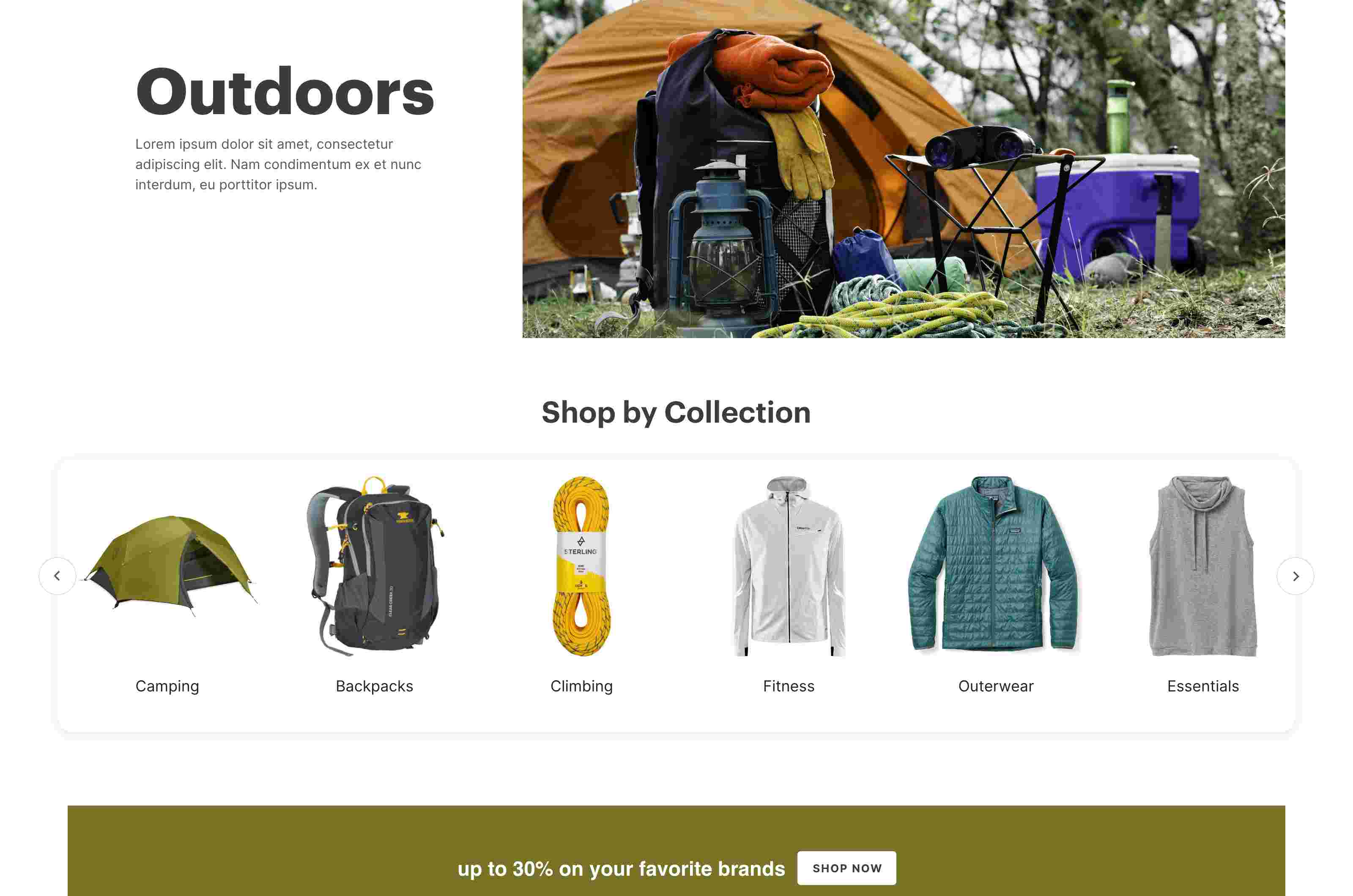 Screenshot of a outdoor equipment website using Miva ReadyThemes.