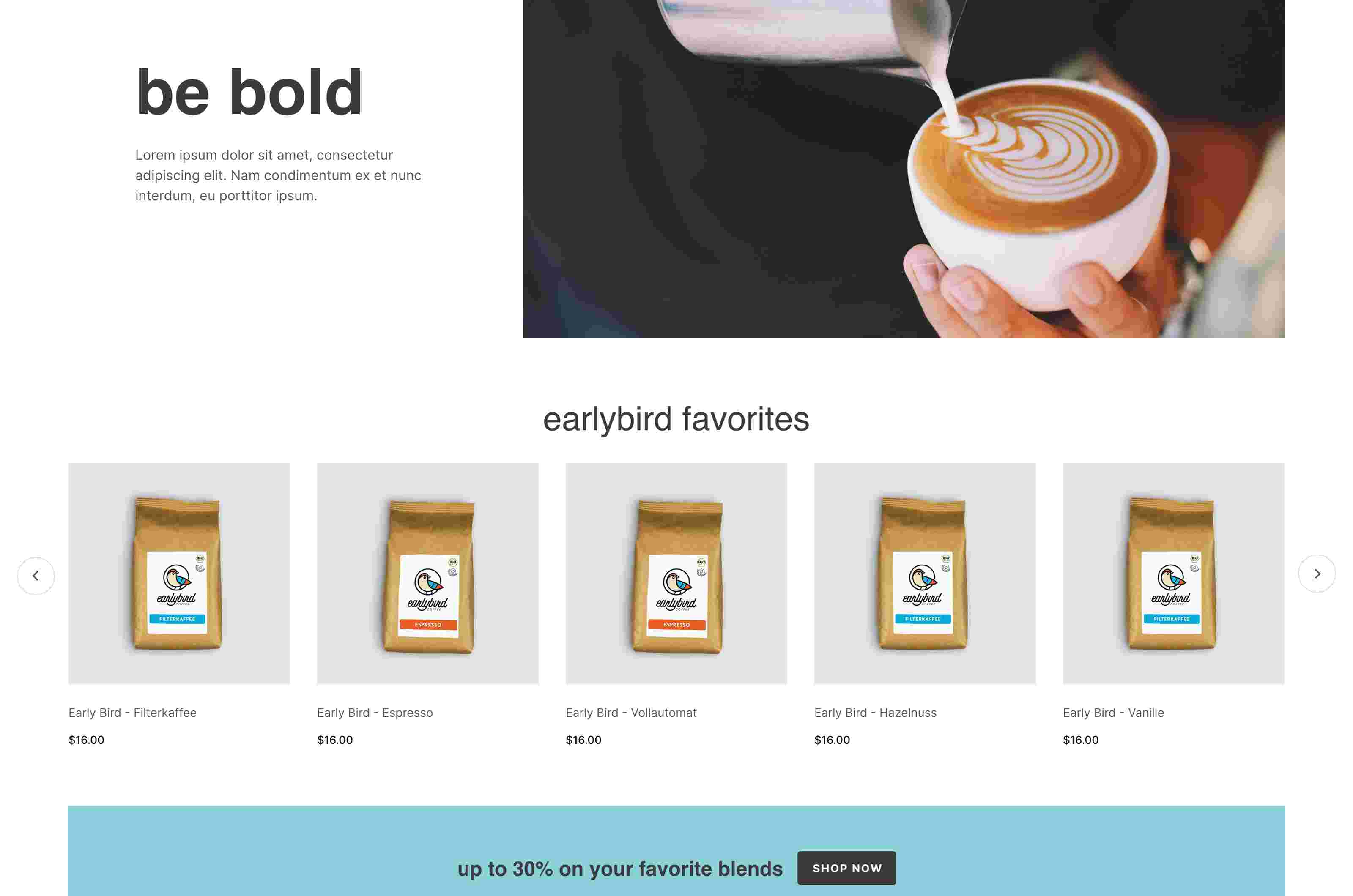 Screenshot of a coffee store website using Miva ReadyThemes.