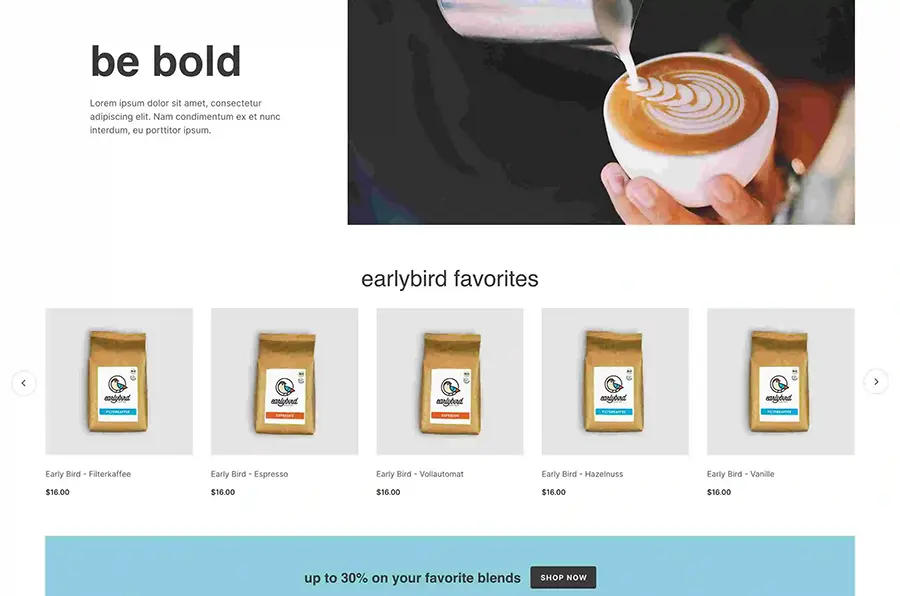 Screenshot of a coffee store website using Miva ReadyThemes.