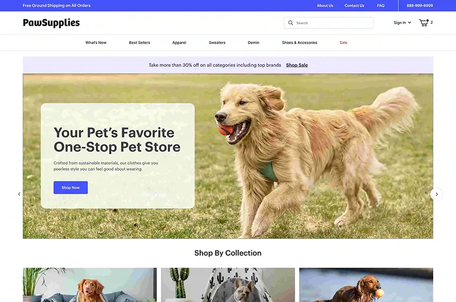 Screenshot of a pet products website using Miva ReadyThemes.